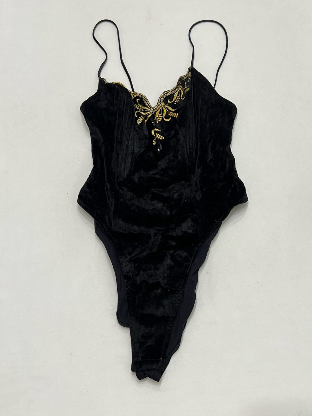 Vintage 1980s Black Velvet Lingerie Teddy Bodysuit Gold Embroidery Thin Straps